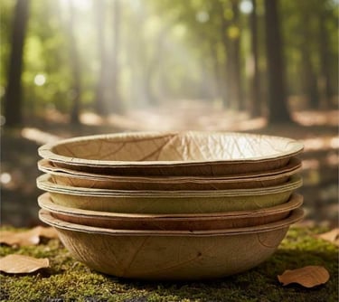 “Close-up shot showing sal leaf bowl texture, stitching, and natural finish”