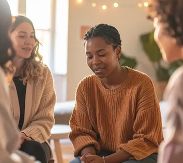 Mulheres em terapia reunidas em roda, compartilhando emoções em um ambiente acolhedor e iluminado,