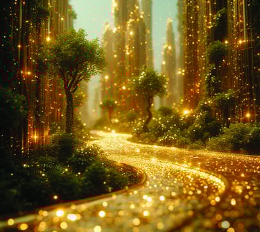 A glowing golden path winds through a magical fantasy forest with sparkling trees and ether
