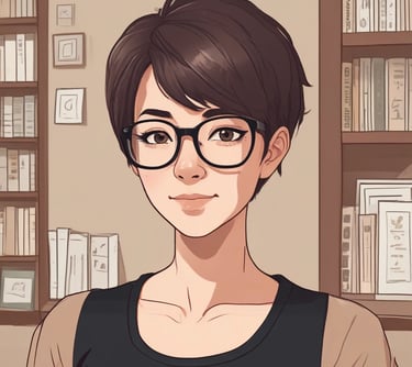 graphic woman wearing black scoop-neck long-sleeved shirt around 50 years old with eyeglasses