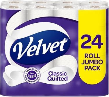 Velvet Classic Quilted 3-ply toilet paper 24 roll jumbo pack with luxurious softness.