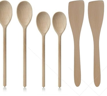 a set of five wooden spoons with wooden spoons
