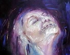 blue and purple figure with lips sewn shut
