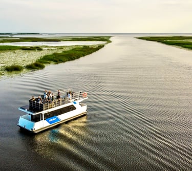 Aerial view of a white tour boat carrying passengers through scenic river wetlands and marsh landscape.