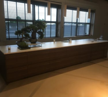 a kitchen counter top with a plant in the middle