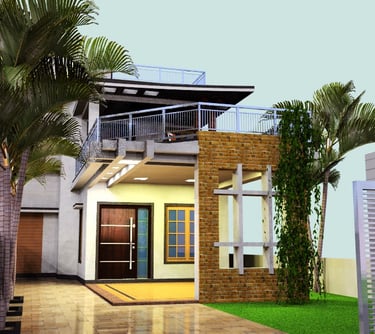 a house with a large palm tree and a house with a balcony