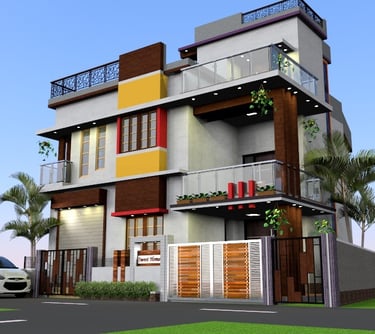 a modern house with a car parked in front of it