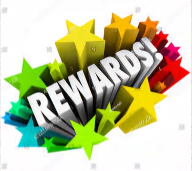 the word rewards in bold white font with rainbow stars around it