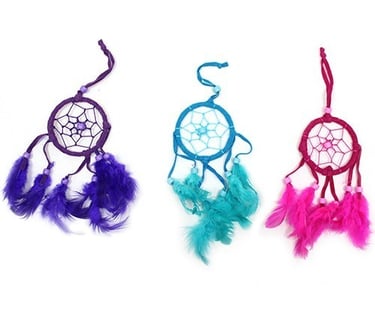 three different colored feathers on a white background
