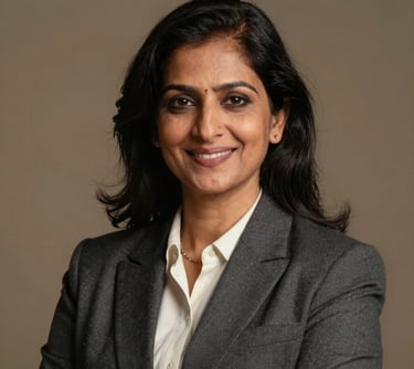 A professional corporate headshot of an elegant South Asian female investment advisor in her late 30s, smart professional attire, posing with a warm, welcoming smile, warm studio illumination.
