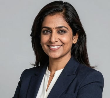 A professional corporate headshot of a South Asian woman in her mid 30s, dressed in sophisticated formal attire, smiling with an authoritative and friendly expression, clean light grey background.
