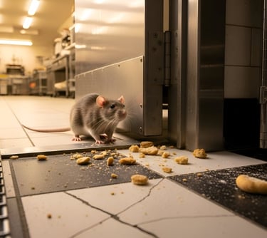 Rat in a kitchen feeding on crumbs