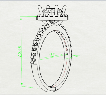 Vista Isometrica Boceto Sketch Anillo de Compromiso Moissanita Halo