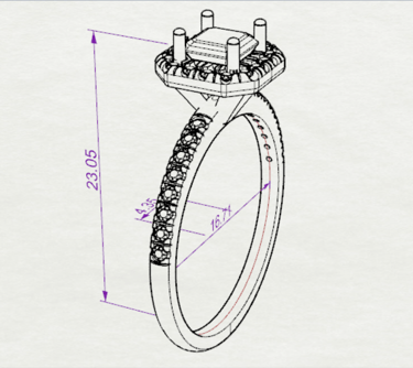 Vista Isometrica Sketch Acotado Anillo de compromiso Cushion Halo