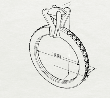 Vista Isometrica Sketch Dibujado Anillo de Compromiso con Diamantes Laterales