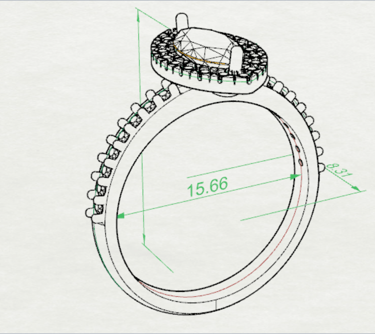Vista Isometrica Sketch Acotado Anillo de Compromiso Marquesa Halo