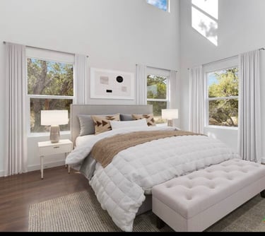 AI-staged primary bedroom with spacious layout and modern design in custom Texas home