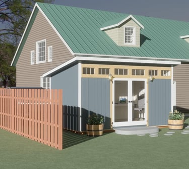 Small office building behind large house