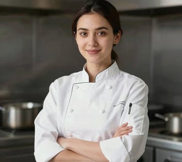 Professional portrait of a female chef in a clean white uniform, smiling confidently, studio lighting, representing expertise and high-quality food service.