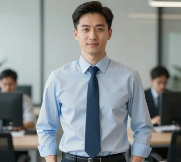 Professional portrait of a male operations manager in business casual attire, organized background, reflecting efficiency and reliability.