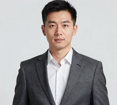 Professional portrait of a male executive in a smart blazer, clean professional background, symbolizing leadership and trust.