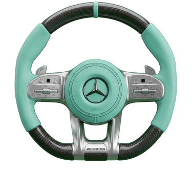 Custom Mercedes-AMG steering wheel with Tiffany blue leather and carbon fiber accents.