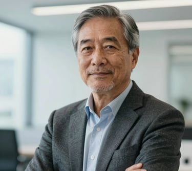 A professional portrait of a senior electrical engineer in a clean, modern North American office setting. They are wearing professional business casual attire, looking confident and reliable. The background is softly blurred with hints of light blue and near white architectural details.