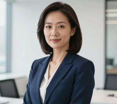 A professional headshot of a female executive in a North American corporate environment. She is dressed in a dark blue blazer, conveying leadership and professional reliability. The lighting is bright and natural, reflecting off near white office surfaces in the background.