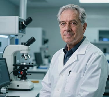A professional portrait of a senior technical officer standing in a high-tech lab environment in the US. They are looking toward the camera with an innovative and professional demeanor. The scene is dominated by clean teals and whites.