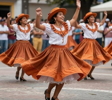 Professional photo of dancers performing 'Caporales' in a public square in Brazil, wearing vibrant costumes with Burnt Orange accents, joyful expressions, South American / Brazilian / Bolivian setting.