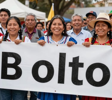 A diverse group of people from the South American / Brazilian / Bolivian community smiling and holding a banner during a cultural fair, festive and professional photography, warm natural light.