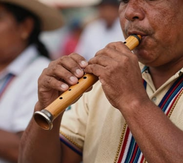 Close-up of a musician playing a Zampoña (pan flute) at a community event, South American / Brazilian / Bolivian cultural festival setting, focus on the hands and the instrument, warm Sand tones.