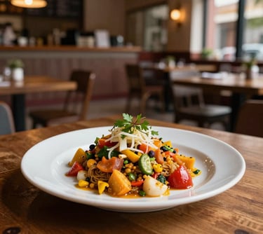 A professional shot of a colorful Bolivian dish, Pique Macho, elegantly plated in a modern South American / Brazilian / Bolivian restaurant environment, warm and inviting atmosphere.
