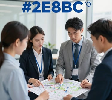 A group of technical specialists reviewing project maps, showing professional integrity and dedication to community empowerment. Clean, modern, corporate aesthetic with #2E8BC0 accents.