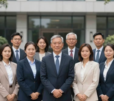 A group photo of diverse community leaders representing the Board, standing in front of a modern building. Serious yet welcoming atmosphere, emphasizing integrity and trust.