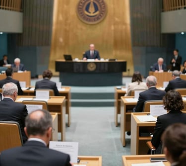 An organized assembly room with people engaged in a democratic voting process, reflecting the General Assembly's role. Professional, clean, and reliable visual style.