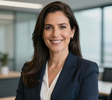 A professional portrait of María Benilda Ruiz Rojas, appearing confident and empathetic, in a modern office setting. Professional lighting, neutral corporate background with soft blue tones.