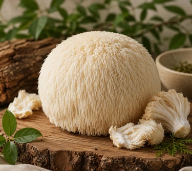 Fresh lion's mane mushroom on a rustic wooden board with green leaves and a natural background.