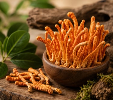Organic cordyceps militaris mushrooms in a wooden bowl for energy and wellness supplements.