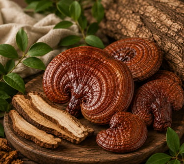 Whole and sliced reishi mushrooms on a rustic wooden tray with green leaves.