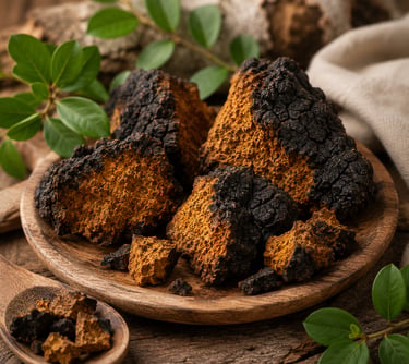 Chunks of raw wild chaga mushroom on a wooden plate with green leaves for herbal tea.