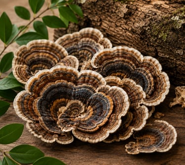 A cluster of wild turkey tail mushrooms with distinctive concentric rings growing on a log in the forest.