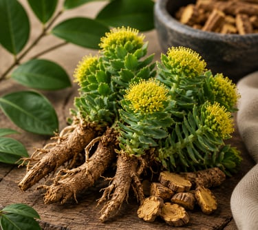 Fresh Rhodiola rosea plant with yellow flowers and adaptogenic roots on a rustic wooden table.