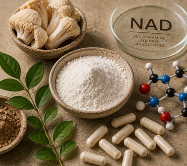 NAD supplement powder and capsules with Lion's Mane mushrooms and a molecular model for brain health.