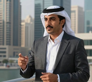 Professional portrait of a Middle Eastern / Gulf male project manager discussing modern urban development projects, sharp business attire, high-end corporate backdrop.