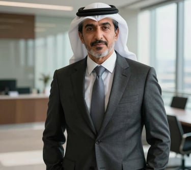 Professional portrait of a Middle Eastern / Gulf male CEO in a modern corporate real estate office, wearing a luxury business suit, calm confident expression, architectural studio in background, natural daylight.