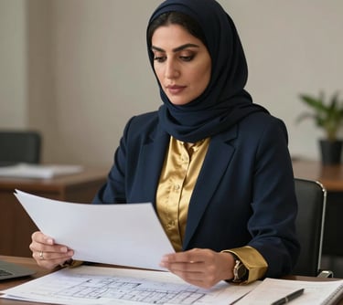 Professional portrait of a Middle Eastern / Gulf female chief architect reviewing luxury building plans, wearing elegant modern professional attire, deep navy and gold aesthetic setting.