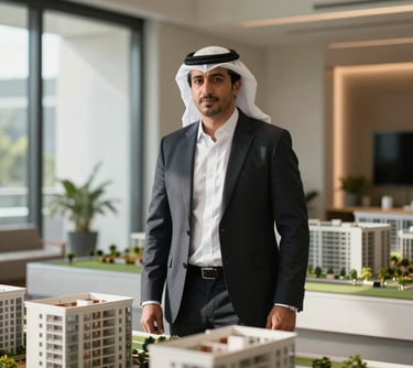 Professional portrait of a Middle Eastern / Gulf male real estate development director standing in a sunlit architectural model room, wearing formal attire, clean structural aesthetic.