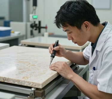 A quality control specialist in a bright facility, inspecting a polished stone slab with precision tools. Professional and meticulous appearance. International / Global.