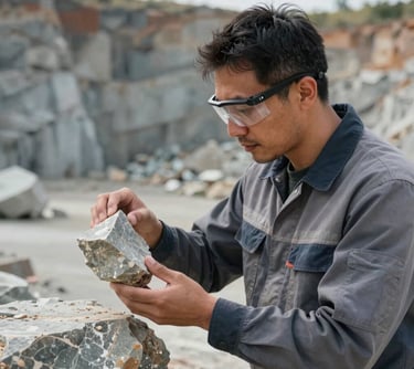 A focused professional geologist in a quarry setting, examining a piece of raw stone. He wears safety gear and a professional work shirt. International / Global.